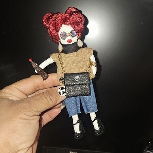 Chic Doll with Red Hair and Black Purse Brooch